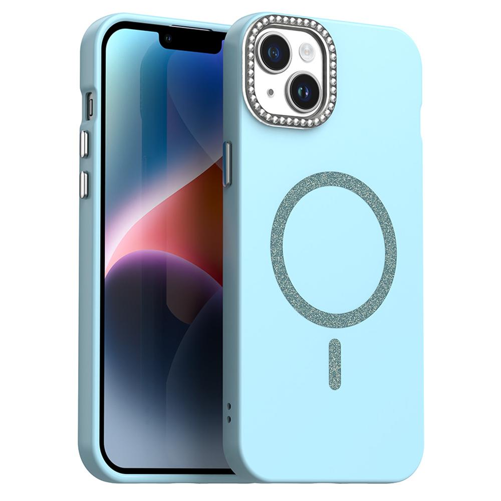 For iPhone 15 Plus/14 Plus Case Compatible with MagSafe TPU+PET Phone Cover with Rhinestone Decor Lens Frame