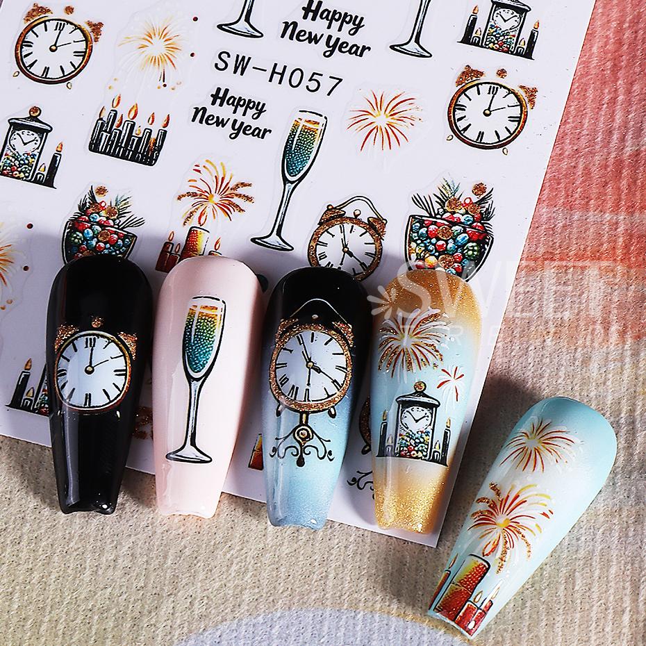 2/3pcs Glitter Christmas Nail Stickers Gold Fireworks Champagne Clock Design Bow New Year Nail Decals Manicure Decor Slider