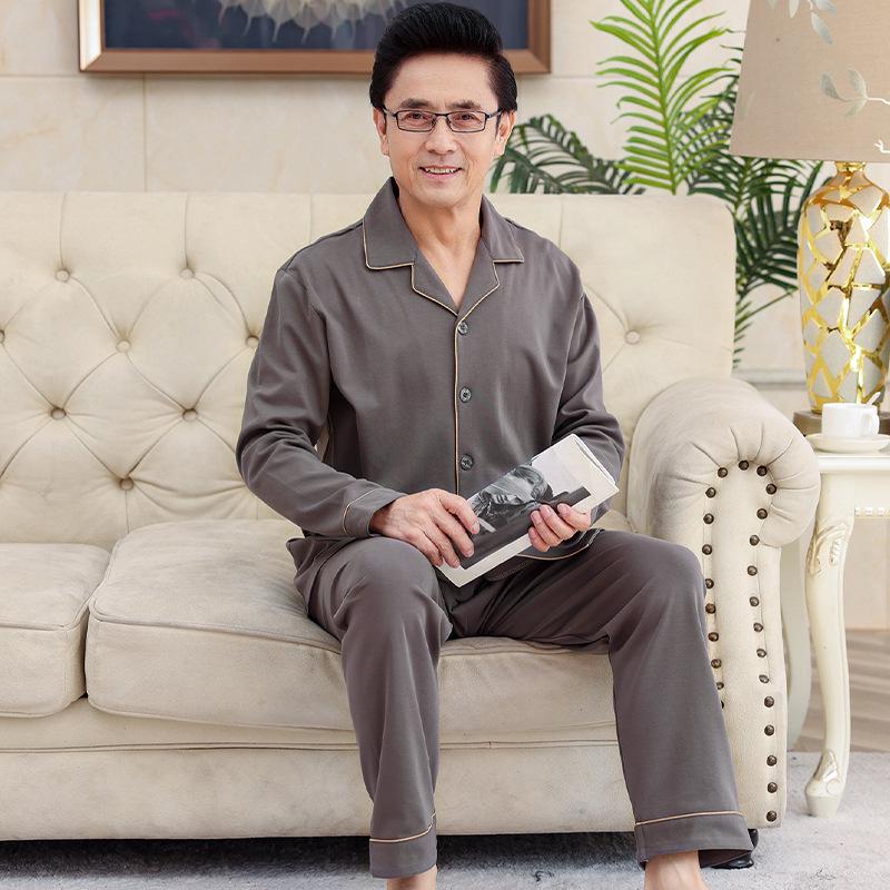 Men's Plus Size Cotton Pajama Set - Long-Sleeved, Ideal for Middle-Aged & Elderly, Spring to Winter Wear