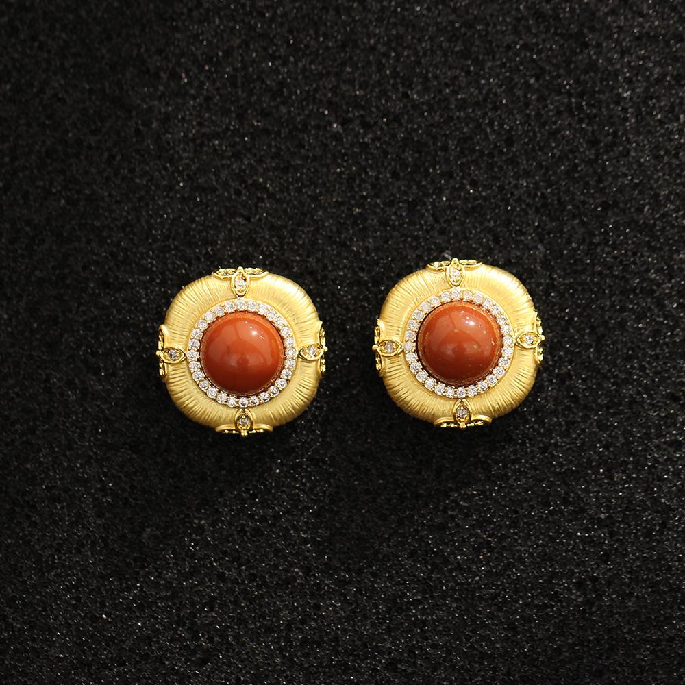 Court vintage style gold brushed craft geometric stud earrings red agate 925 silver needle diamond earrings earrings for women
