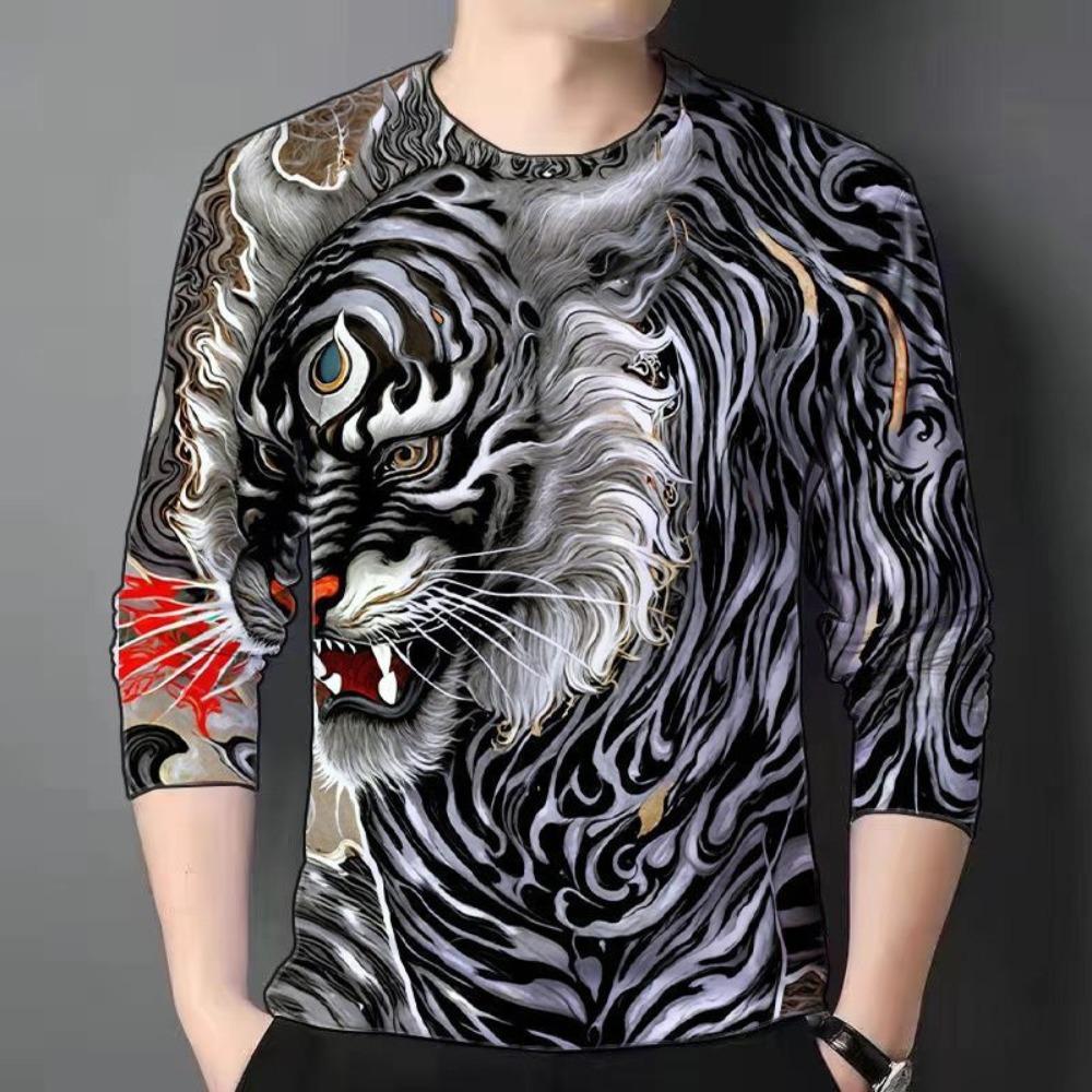Round Neck 3D Tiger Printed Top Casual Long Sleeved Men's T-shirts - Soft Medium Stretch Polyester Fabric Spring and Autumn Relaxed Fit Clothing