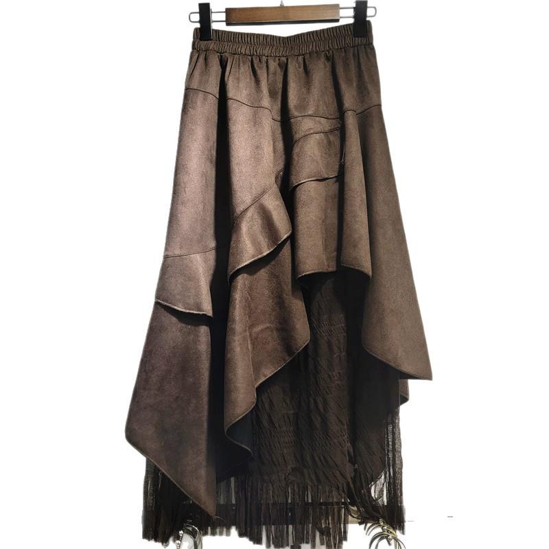 2025 Retro Suede Patchwork Lace Midi Skirt: New High-Waist Layered Design for Autumn/Winter