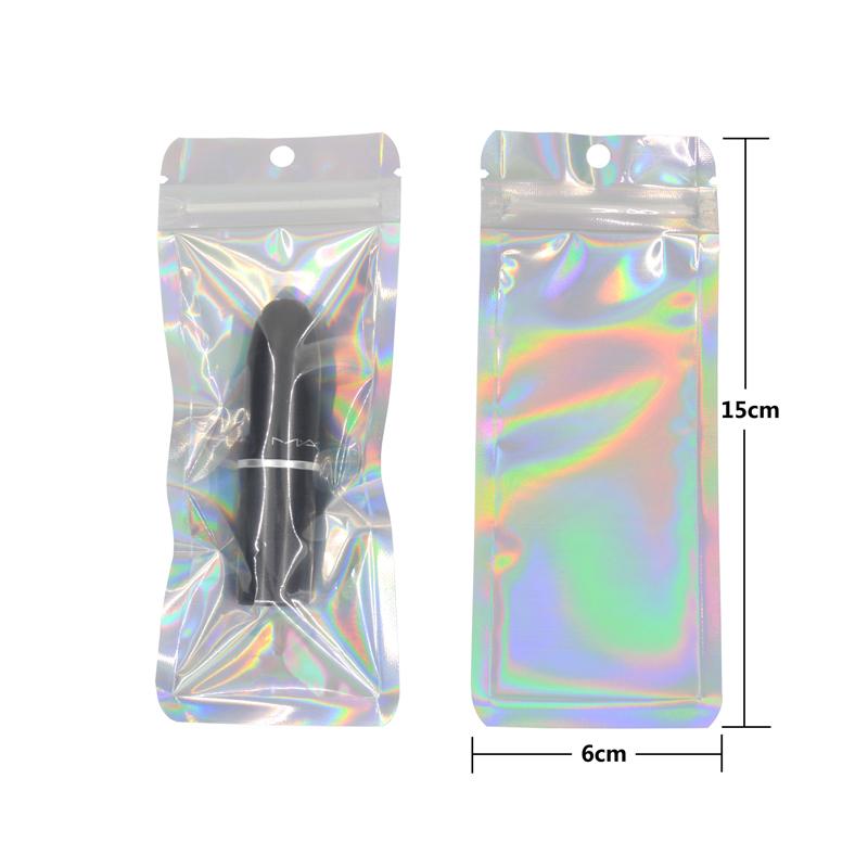 

100 Pcs Hologram Aluminum Foil And Transparent Zip Lock Bags Long Plastic Pouch Watch Pen Jewelry Cosmetic Usb Data Cable Bags 100 pcs