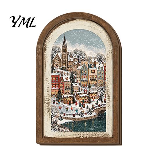 Arte Decorativa da Parete Cornice Portafoto in Legno Arcuata Vintage con Illustrazione Natalizia, Invecchiata Retrò per Decorazione Desktop e Camino,