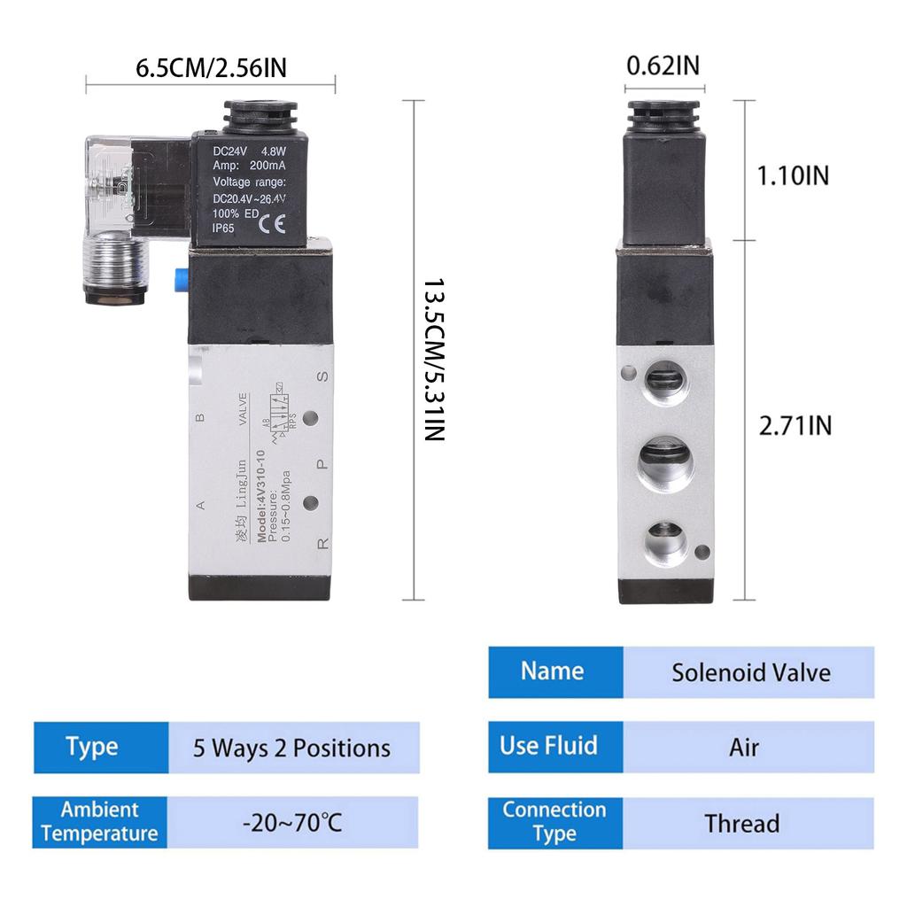 24V Electric Control Air Gas Magnetic Valves Replacement 5 Way 2 Position Control Air Solenoid Valves Alumium Alloys Body