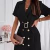Women Summer Casual Short Sleeve A-Line Dress Solid Color Double Breasted Suit Collar Above Knee Belt High Waist Spring Dresses