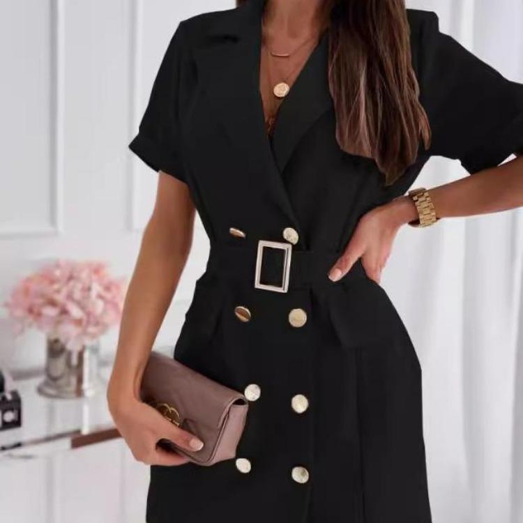 Women Summer Casual Short Sleeve A-Line Dress Solid Color Double Breasted Suit Collar Above Knee Belt High Waist Spring Dresses