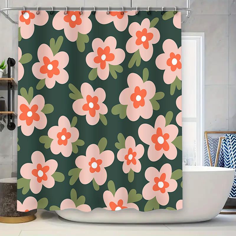 

Vibrant Floral Print Bath Shower Curtain Green Pink Flower Design with White Center for Bathroom Decorations Water-Resistant Fab 90x180cm