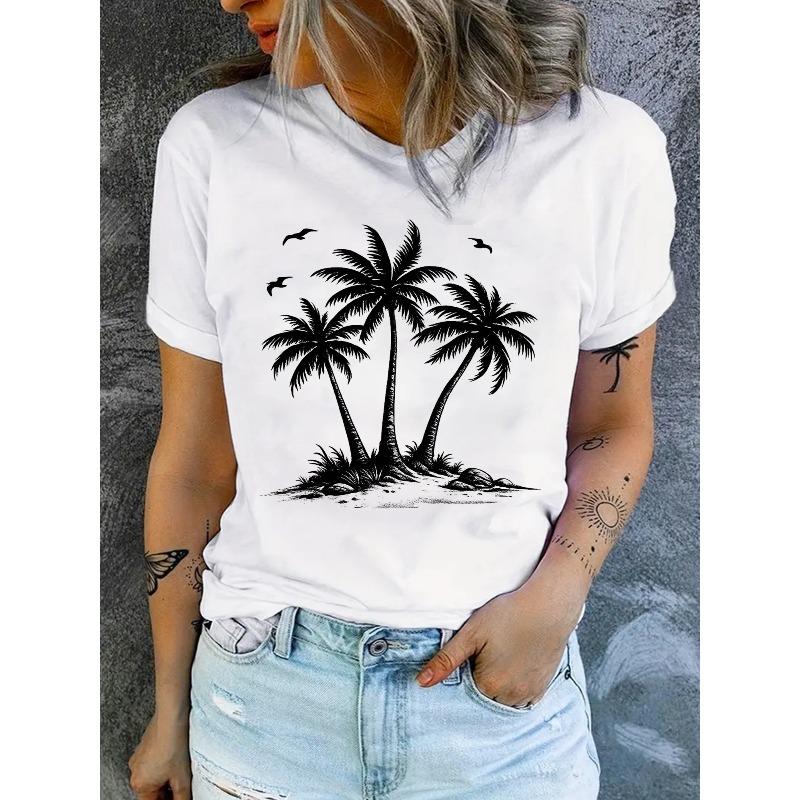 T-Shirt with Tropical Palm Tree Pattern Casual Short-Sleeve Round Neck, Stretchy Fabric, Machine Washable