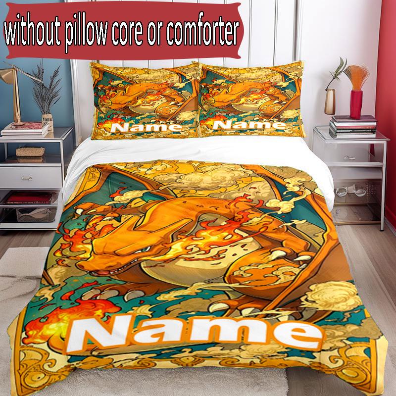 3pcs Duvet Cover Set (1*Duvet Cover + 2*Pillowcase, Without Core), Custom Name Charizard VS Blastoise Pattern Bedding Set, Home Bedroom Decor Gift