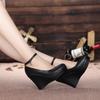 Crystal Queen High Heels Platform Wedge Female Pumps Women's Flock Buckle Bowtie Ankle Strap Wedding Shoes Round Black 8cm 10cm