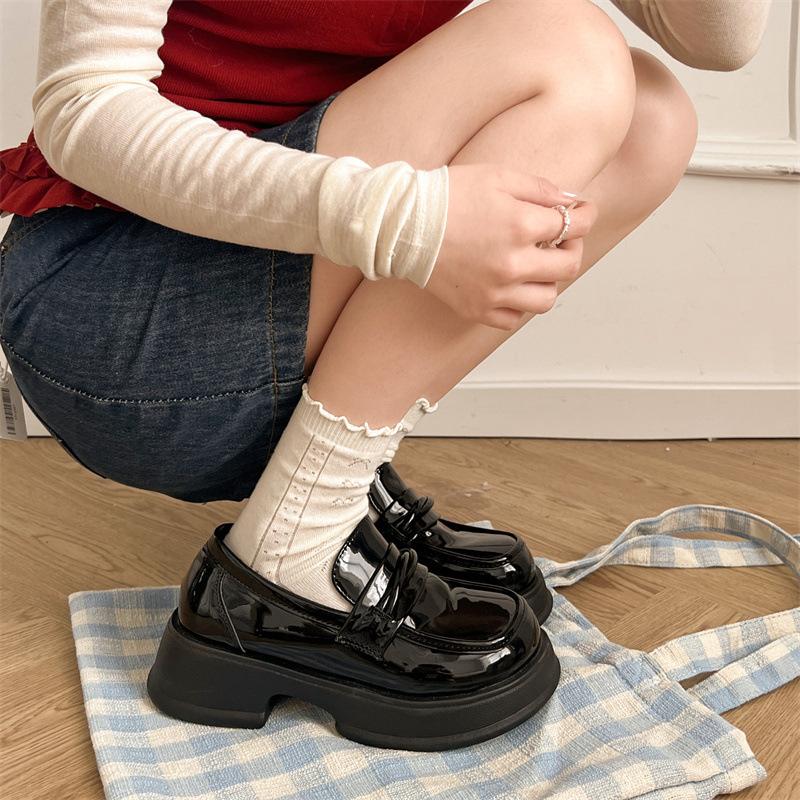 British style platform small leather shoes women's shoes spring and autumn fashion versatile height increase single shoes black one-pedal thick heel