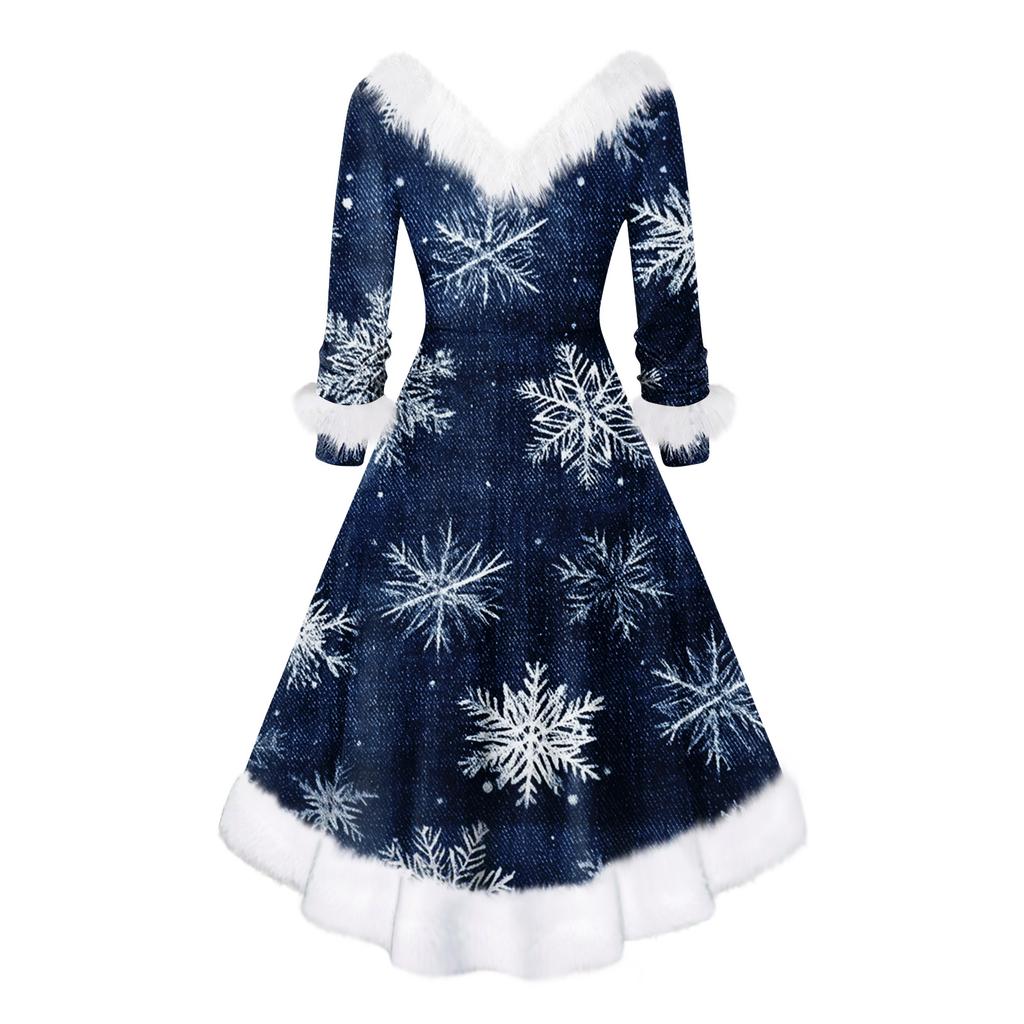 Women's Fashion V-neck Casual Fit Christmas Print Party Long Sleeve Dress