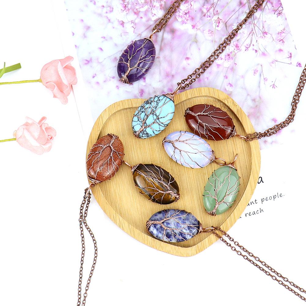 Natural Crystal Rough Stone Hand-Wound Egg-Shaped Tree Of Life Pendant Necklace N645