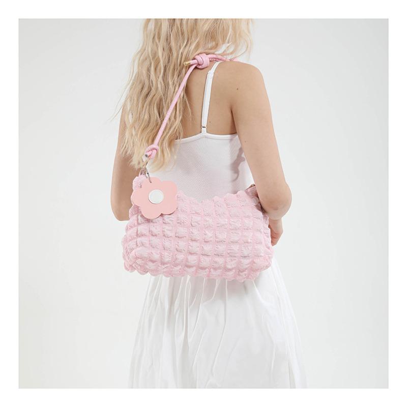 Women's Bubble Texture Round Cylinder Bag, Korean Style Floral Shoulder Handbag, Soft Lunch Tote with Zipper Closure