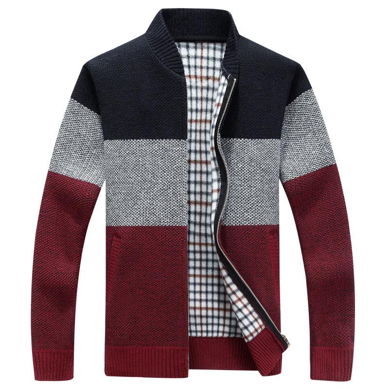 Men's Fall/Winter Long-Sleeve Fleece-Lined Knit Sweater Youthful Color-Blocked Warm Cardigan Jacket