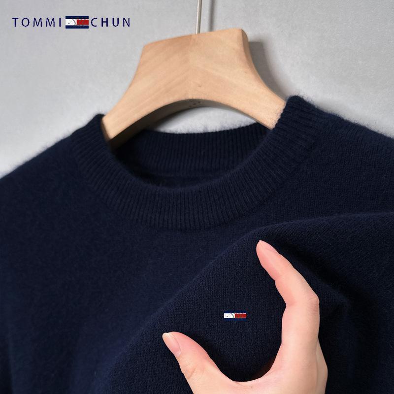 Men's American Tommy Wool Round Neck Thickened Cashmere Sweater - Casual Solid Color Knit Pullover