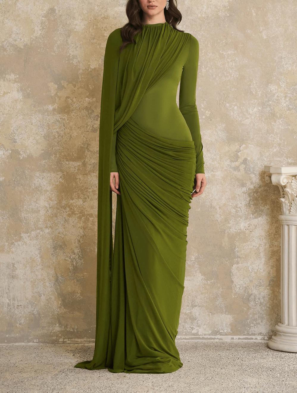 European and American Women s Slim Fit Pleated Ribbon Round Neck Long Sleeve Dress XL