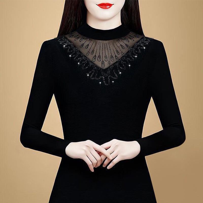 Chic Black Mesh Long-Sleeve Fleece-Lined Slim Shirt for Women
