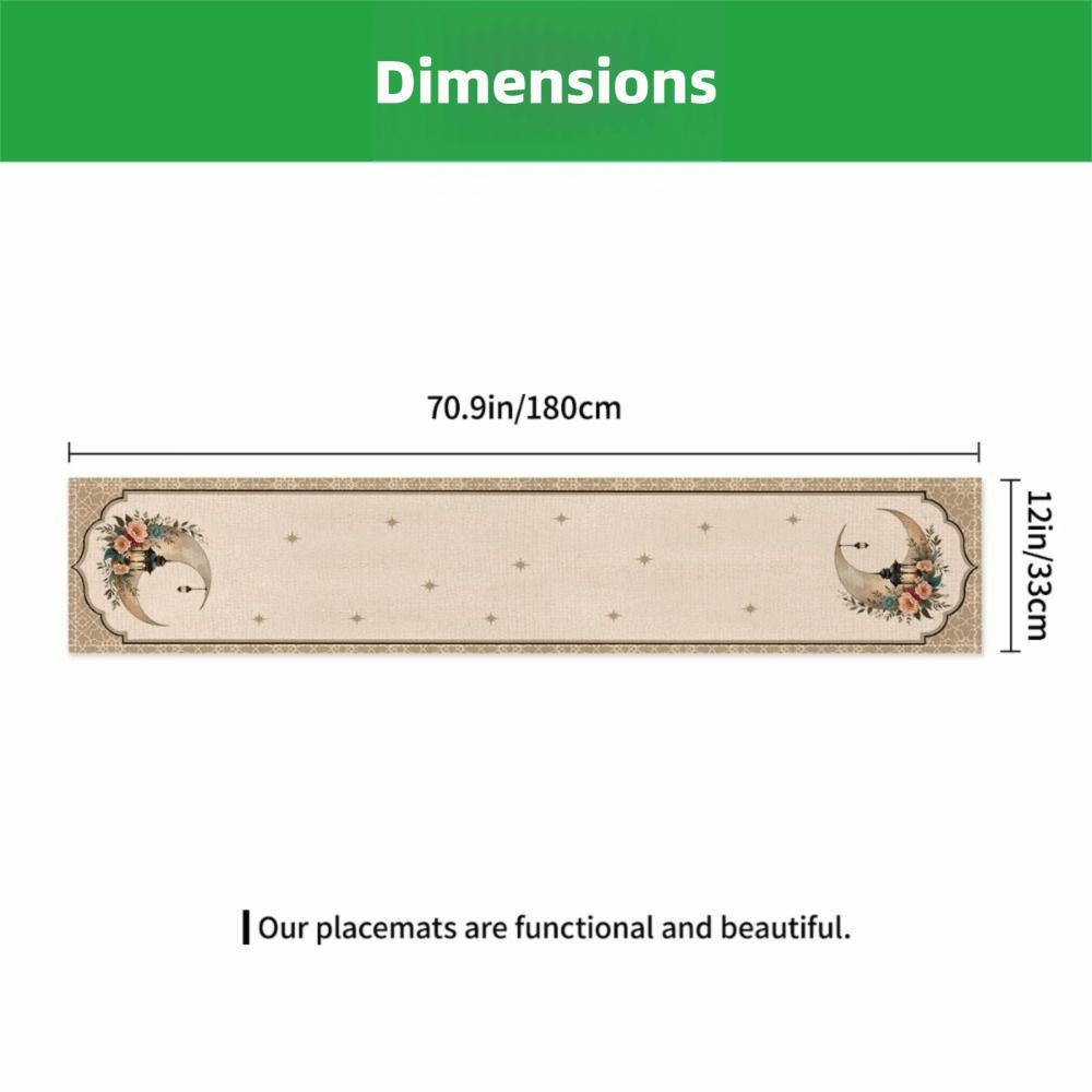 Golden Lantern Ramadan Table Runner White Moon Star Polyester Eid Mubarak Tablecloth Eid Al Fitr Dining Table Decoration