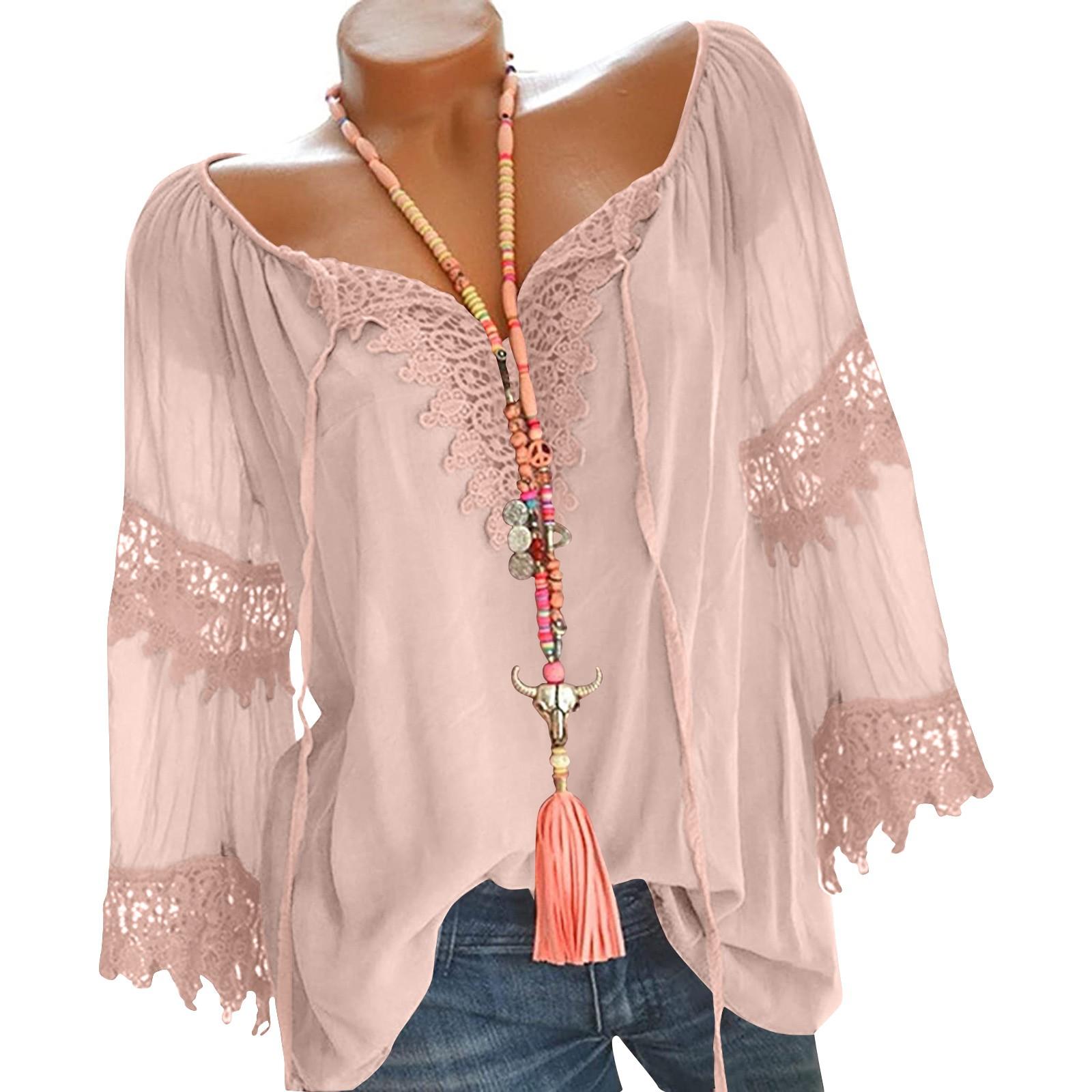 

(Куниде) Женская мода, повседневная однотонная рубашка с v-образным вырезом из хлопка и льна, кружевная рубашка с длинными рукавами, топ L розовый