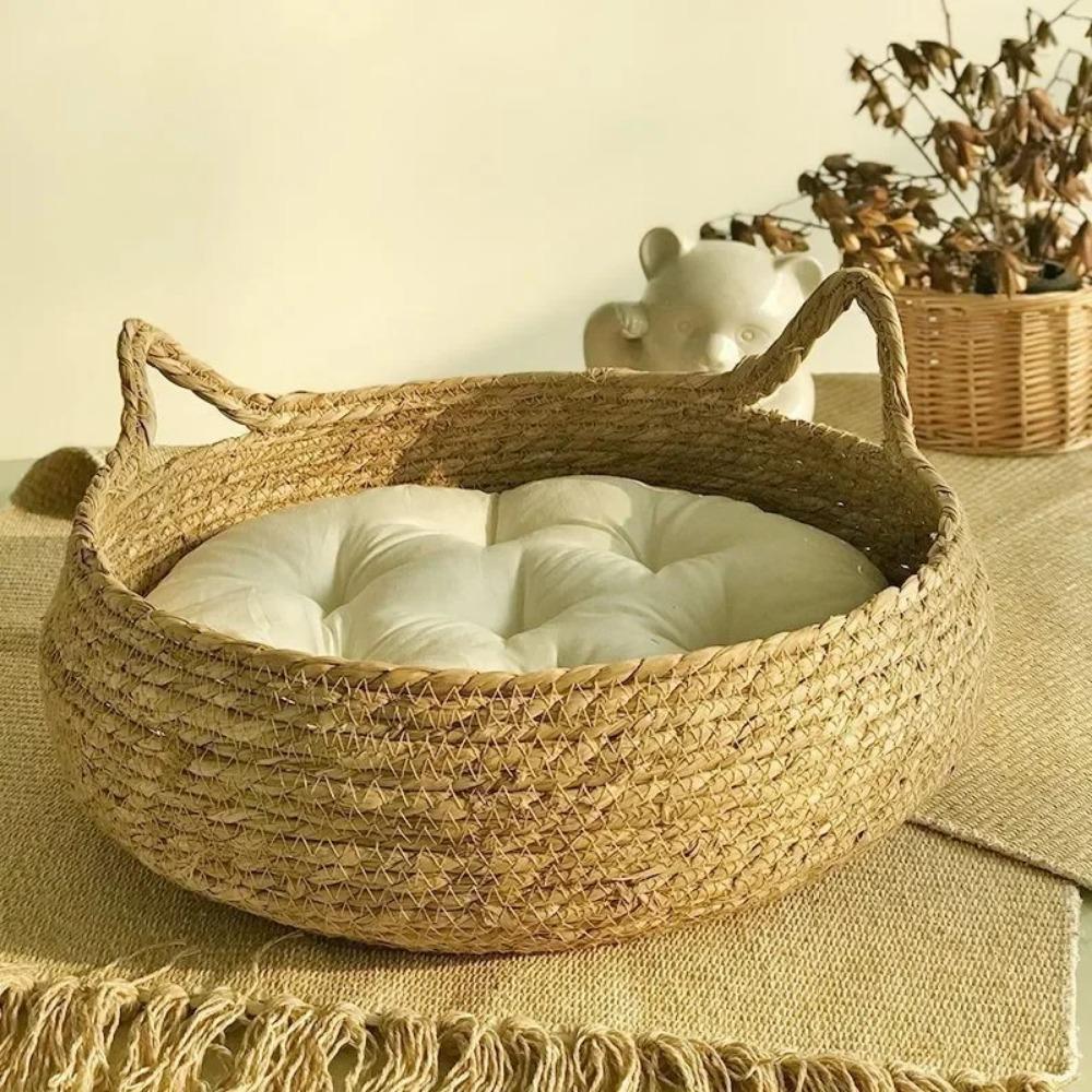 Cat Bed Pet Nest Pure Manual Rattan Woven Cattailgrass Cat Scratch Board Removable Washable Winter Warm Pad All-Season Dog House