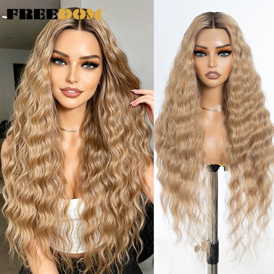 

FREEDOM Synthetic Lace Front Wig 30 Inch Deep Curly Wavy Lace Wigs For Women Ombre Blonde Cosplay Wigs US Local Fast Shipping
