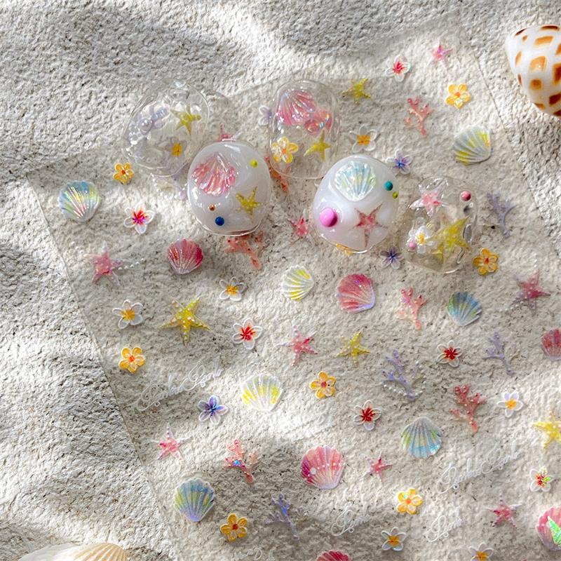 Ocean Theme 5D Nail Sticker Summer Beach Seashells Starfish Conch Scallop Shell Coral Self Adhesive Decoration Manicure Decal