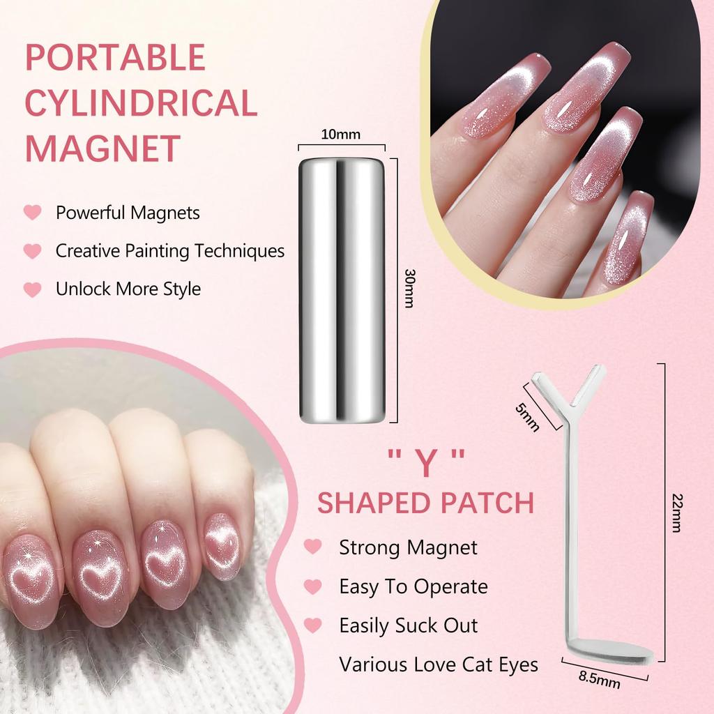 3 Pack Heart Magnet for Cat Eye Gel Polish, Heart Magnet for Nails, Cat Eye Magnetic Nail Art Tool Set,Magnet Sticks with Y-Shaped Guide,