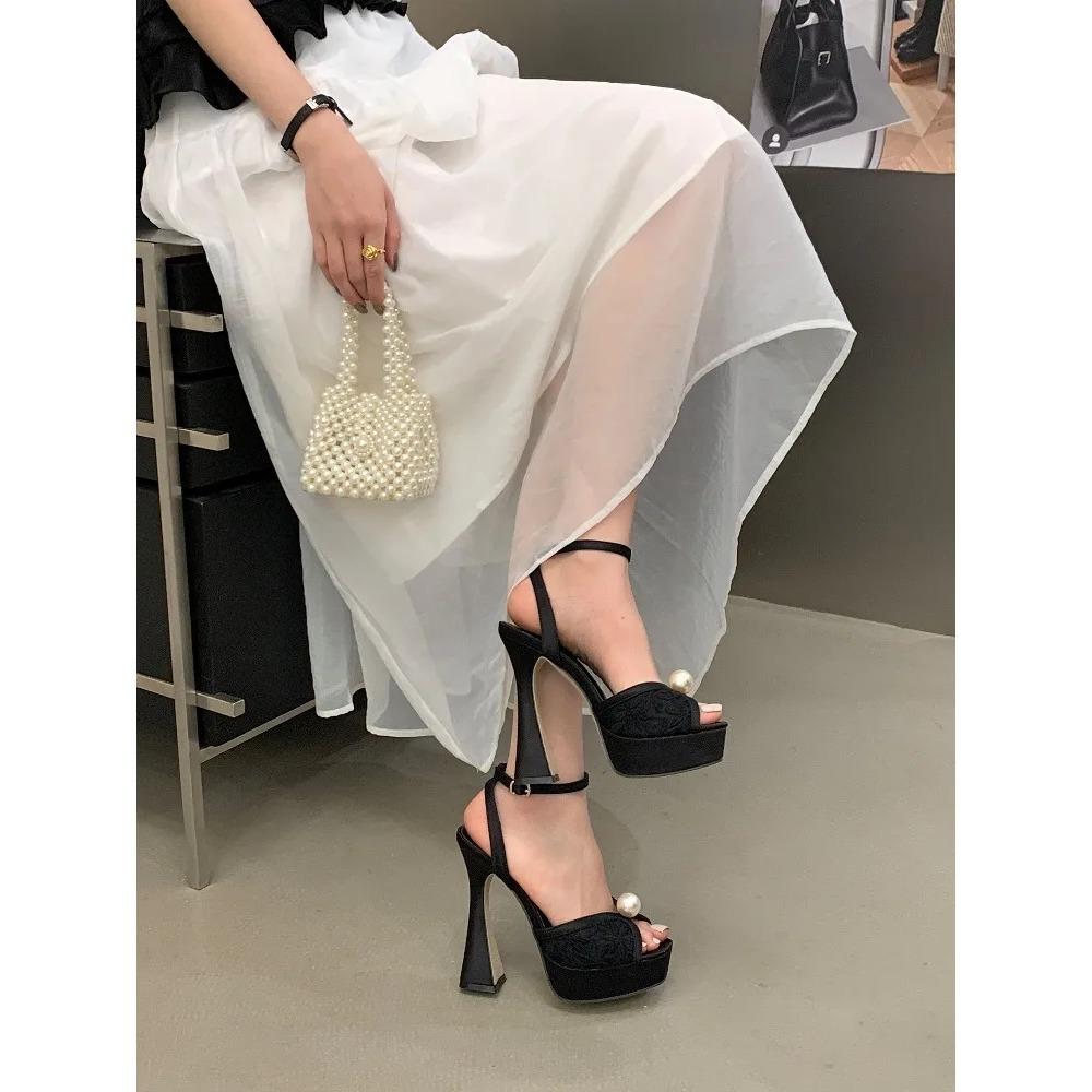 Pesstwei Summer Fashion Peep Toe Women Sandals High Quality Satin Pearl Square Heels Shoes Buckle Strap Zapatos De Mujer