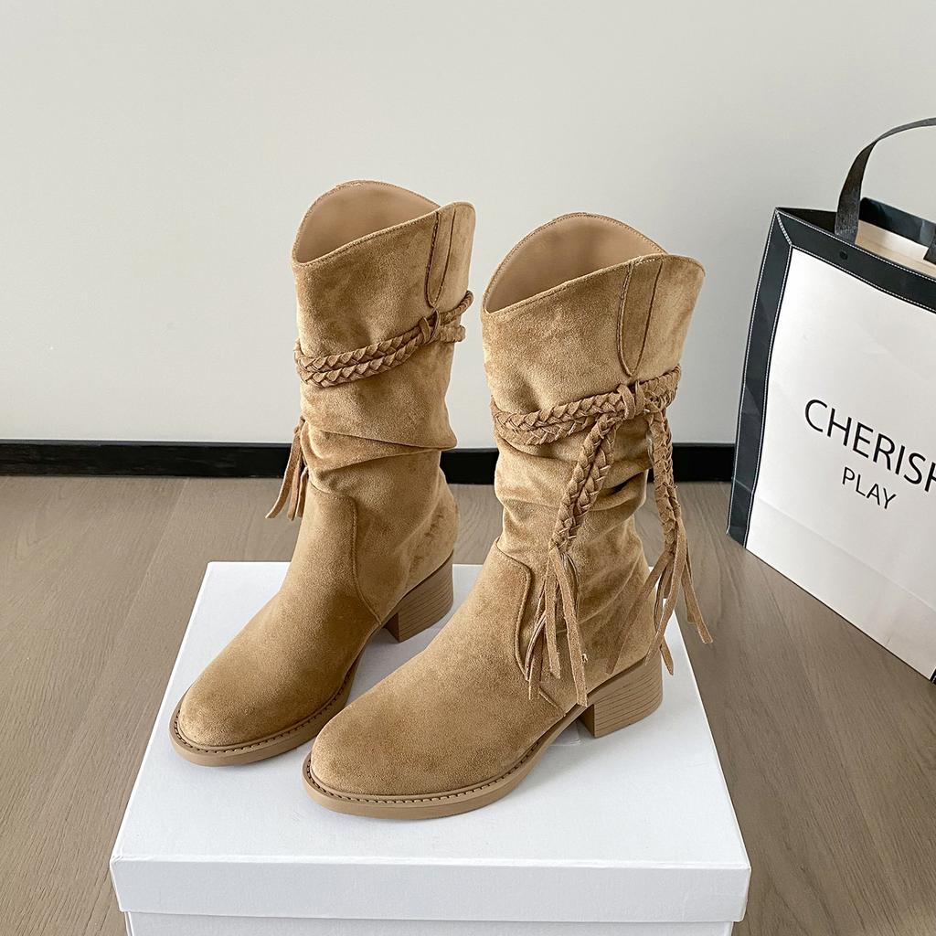 Spring and Autumn Platform Boots Women's Discarded Retro Style Knight Boots Frosted Tassel Hemp Rope Coarse Heel Medium Boots Women's Boots