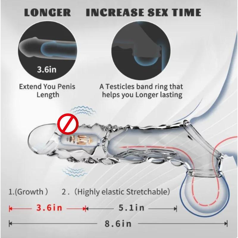 Large Reusable Penis Sleeve with Vibrator Ring 3.6 Inch Clear Cock Ring Extender Enlarger for Couples Dildo Sex Toys Men