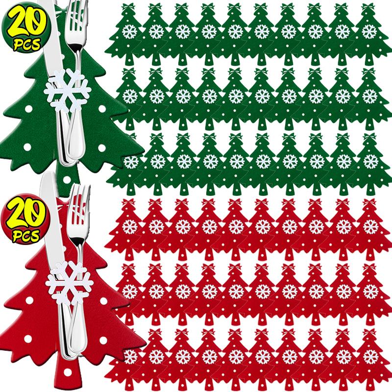 4/20PCS Christmas Fork Knife Covers Cutlery Holders Xmas Tree Pocket Tableware Holder Bags Home Party Dinner Table Felt Decor