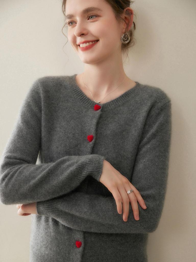 Women's Cashmere Round Neck Cardigan - Soft Knitwear with Heart Buttons, Versatile Base Layer Top, Solid Color Casual Outerwear