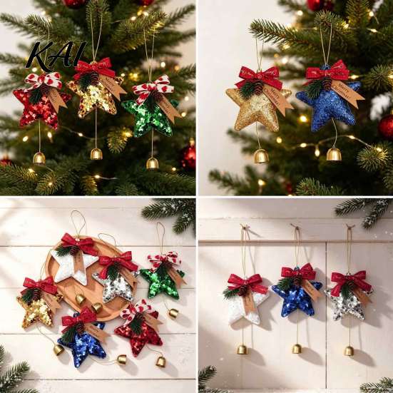 Decorative Star for Home Glitter Bell Ornaments, Sequin Hanging Decoration with Bow Pine Christmas Atmosphere Decor Cone, Sparkly Tree Pendant Holiday