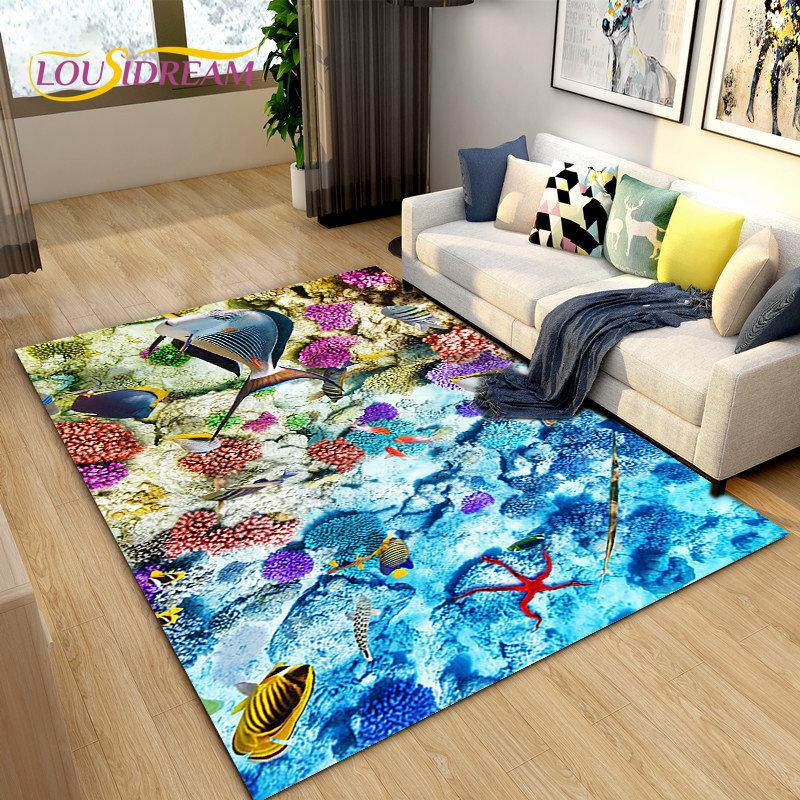 3D Underwater World Sea Turtle Dolphin Area Rug Large,Carpet Rug for Living Room Bedroom Sofa Doormat Kitchen,Non-slip Floor Mat