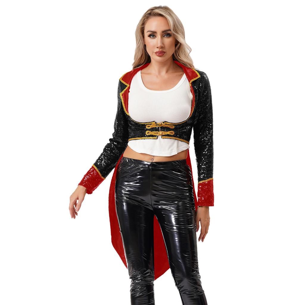 Women Adult Ringmaster Circus Costume Shiny Sequins Gold Webbing Trim Turn Down Collar Long Sleeve Buttons Tailcoat