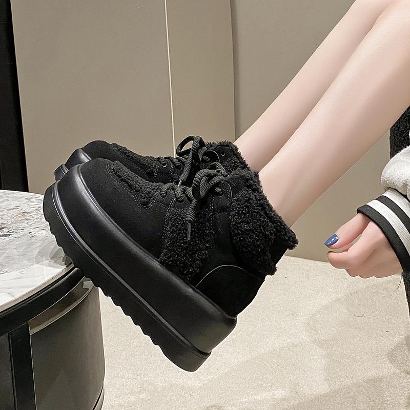 Cizme de zăpadă calde la modă pentru femei 2024 pantofi căptușiți din bumbac cu pluș de iarnă femei cu toc înalt 7 cm pantofi din piele cu platformă gros