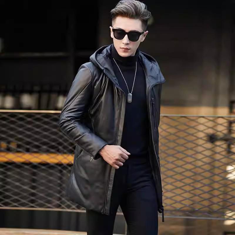 Winter New Leather Jacket Men's Zipper Mid-length Hooded Windbreaker Leather Jacket Casual Thickened Jacket