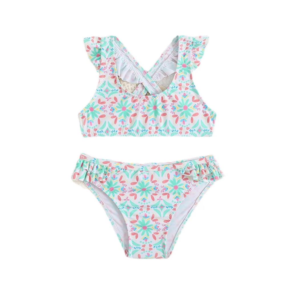 Zweiteiliges Badeanzug-Set für Mädchen mit Rüschen-Trägern und Blumenmuster Bikini-Oberteil und -Unterteil Badebekleidung für Kinder Sommer Strand Pool
