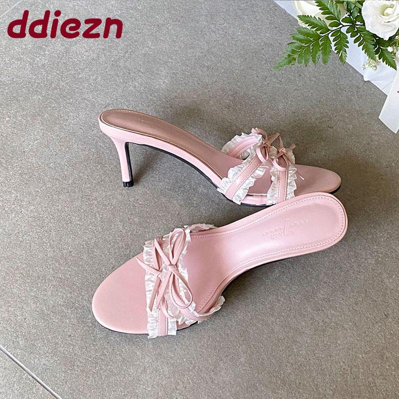 Fashion Fashion Butterfly-Knot Ladies High Heels Slides Sandals Shoes Female Round Toe Footwear Heels Sandals Slip On Shoes For Women