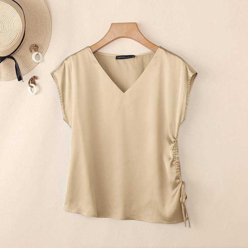 

ZANZEA Womens Casual V-Neck Solid Color Drawstring Hem Loose Short Sleeve Blouse 5XL хакі