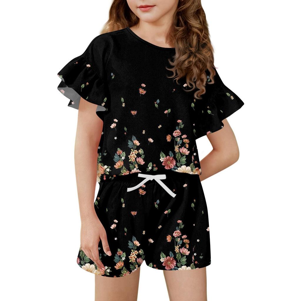 Girls' Summer Outfit Ruffle Sleeve Top And Shorts Clothing Set Lightweight Casual Two Piece
