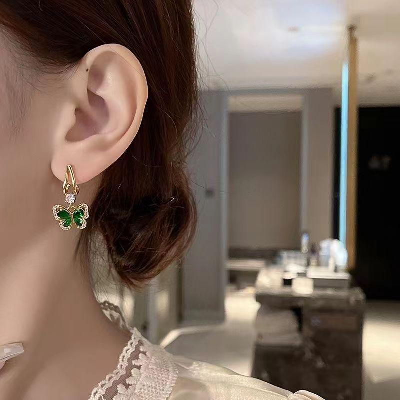 S925 Silver Pin Green Stone Zircon Butterfly Earrings for Women