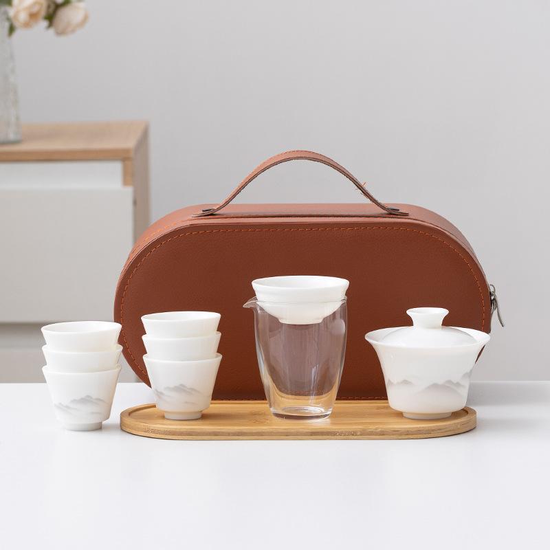 White Suet Jade Porcelain Travel Tea Set Business Company Mid-Autumn Festival Gifts