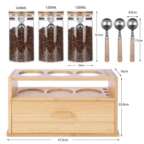 Ken's Kitchen Coffee Bean Storage Containers, Glass Canisters with Lids and Spoons, Coffee Beans, Coffee Grounds, Tea Bag Storage Rack, Tea Bag Holder