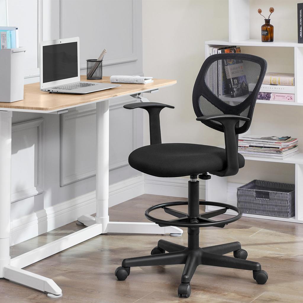 SONGMICS Office Chair Ergonomic Work Stool with Armrests Seat Height 55-75 cm High Work Chair with Adjustable Foot Ring Load Capacity 120 kg Black