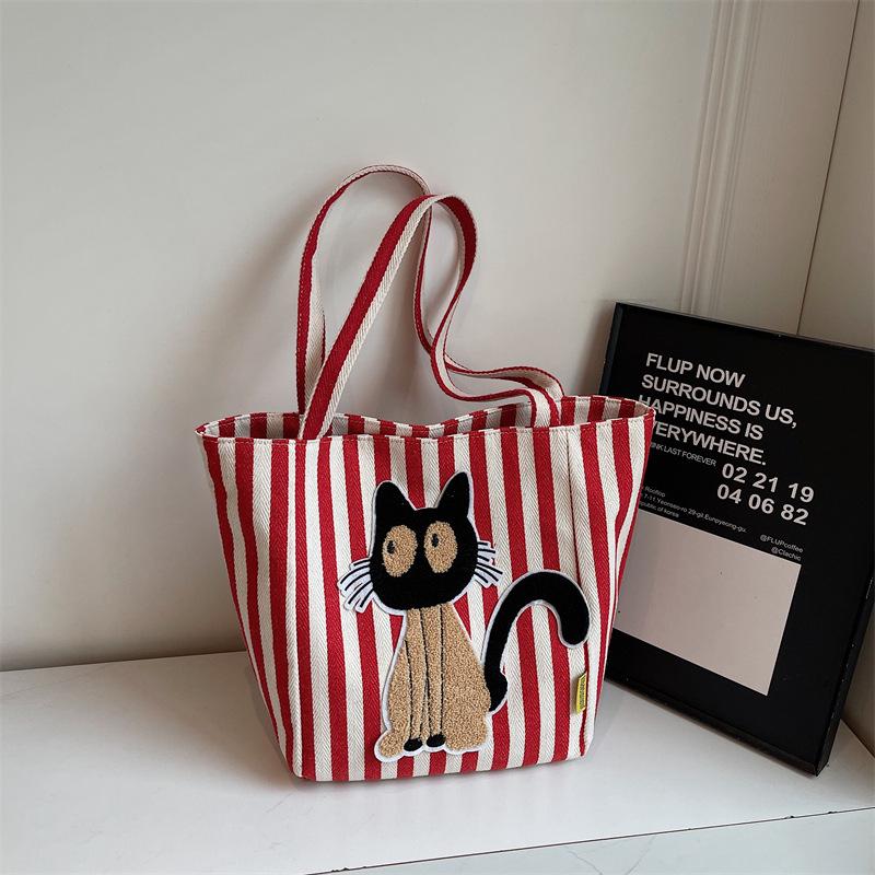 Korean Striped Cartoon Chenille Embroidery Canvas Bag - Large Capacity Cute Girl's Trendy Tote