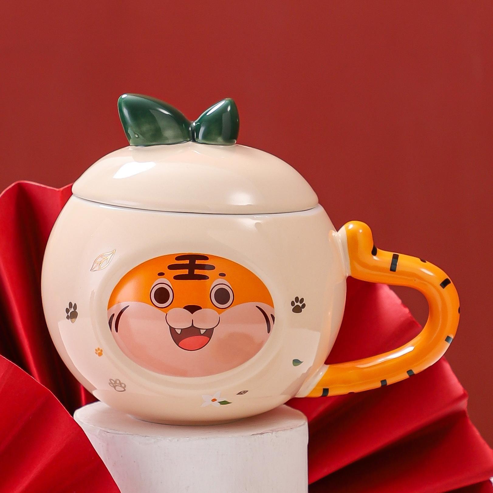 

Cute Daji Cute Tiger Cartoon Ceramic Cup with Lid Student Couple Water Cup Office Coffee Cup Mug 400ml