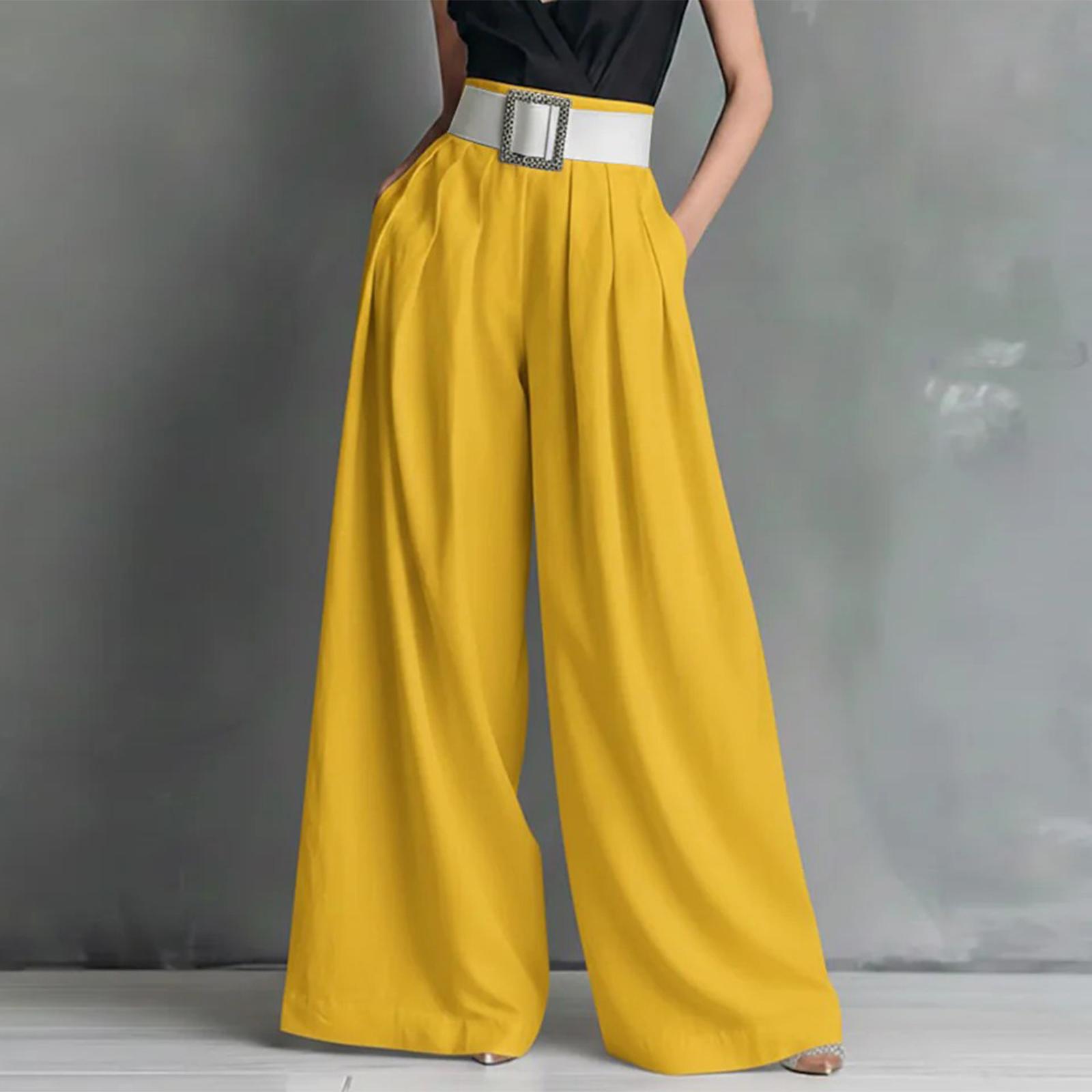 

Women s Fashionable Color Pocket High Waist Loose Wide Leg Casual Pants XL жовтий